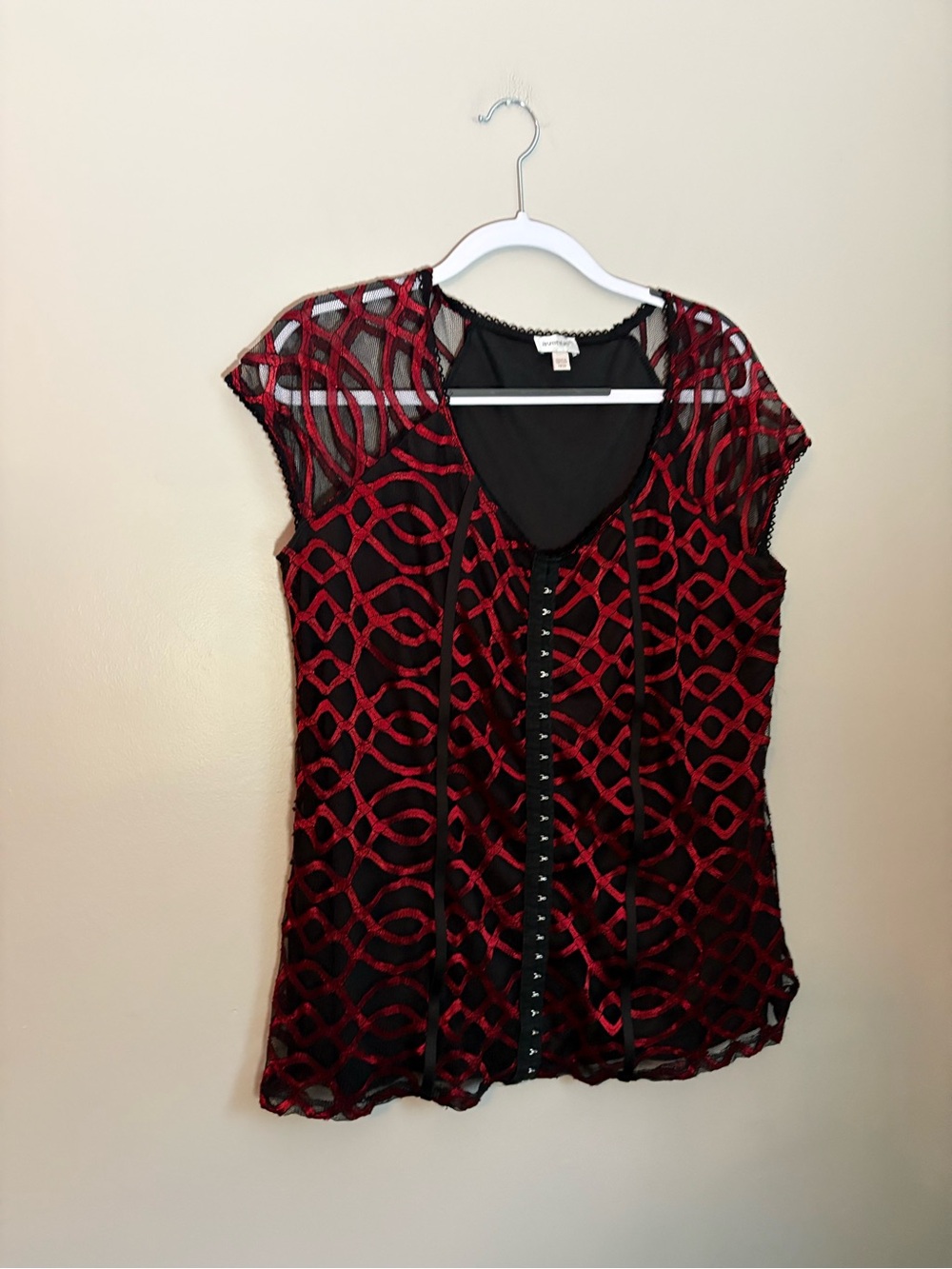 Avenue Y2K Red Black Lace Corset Close Top Cap Sleeve Whimsigoth Fairy Punk 18